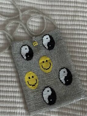 Pura Utz Beaded Crossbody Bag with Yellow Smile & Yin Yang Motifs - handmade